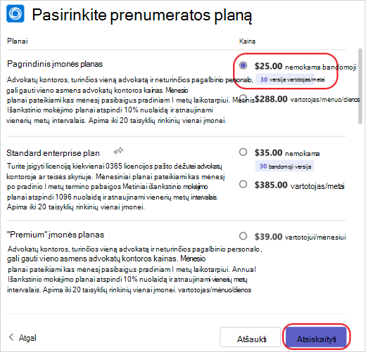 Pasirinkite programėlės prenumeratos planą