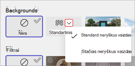 Ekrano nuotrauka, kurioje paryškinamos fono suliejimo parinktys susitikimo išankstinio prisijungimo ekrane.