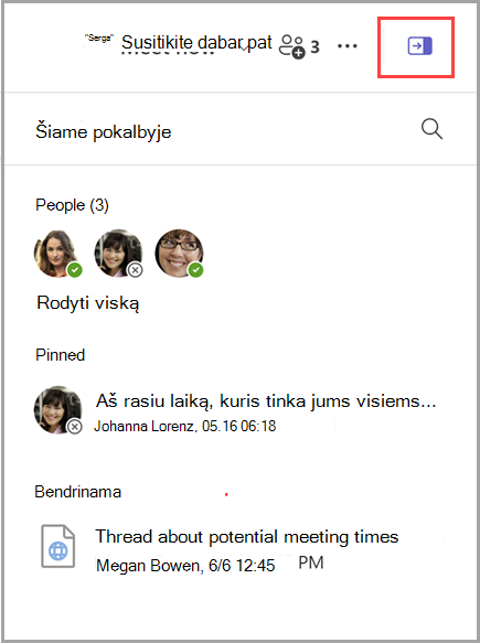 Ekrano kopija, kurioje rodoma, kaip atidaryti pokalbio informacijos sritį, kurioje yra 3 žmonių sąrašas, 1 prisegtas pranešimas ir 1 bendrinamas dokumentas.
