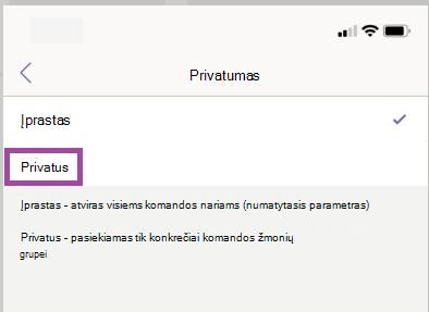 Privataus kanalo parametrai.