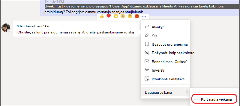 Meniu Daugiau parinkčių ir paryškintas antrinis meniu Kurti naują veiksmą.