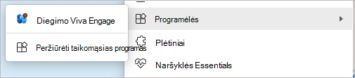 Ekrano nuotrauka, vaizduojanti diegimo komandą parametrų meniu.