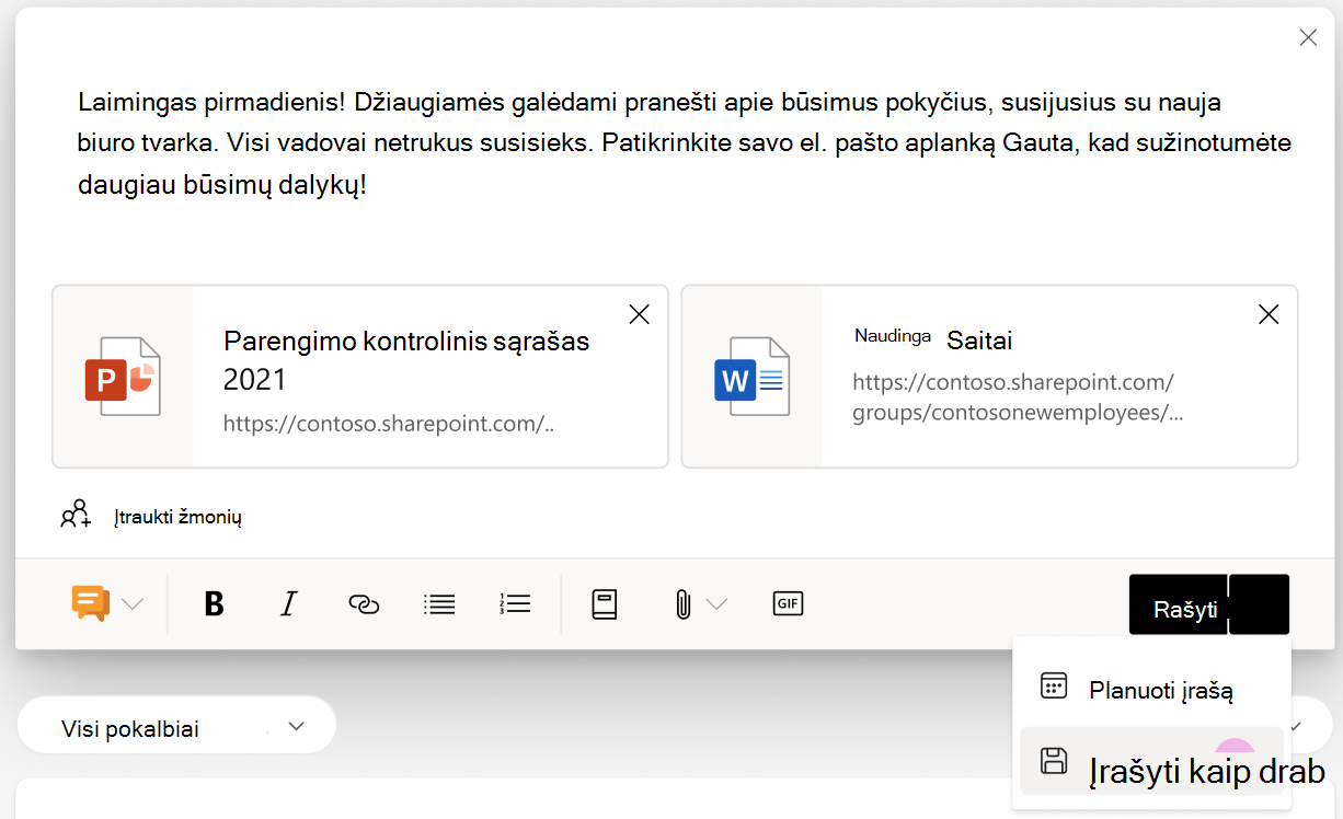 Ekrano kopija, kurioje rodomos įrašymo ir planavimo parinktys iš meniu Skelbti.