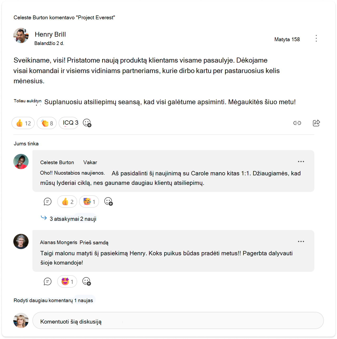 Pokalbis, kuriame rodomas jums aktualus dviejų komentarų rodinys 