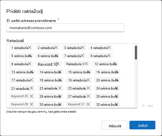 Raktinių žodžių rinkinys gali būti gana ilgas