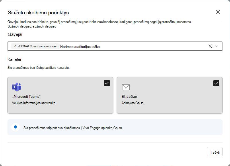 Siužeto skelbimų parametro, pasiekiamo lyderiams, turintiems auditoriją programoje 