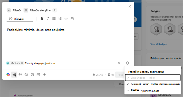 Pranešimų kanalų naujame siužeto pranešime ekrano kopija