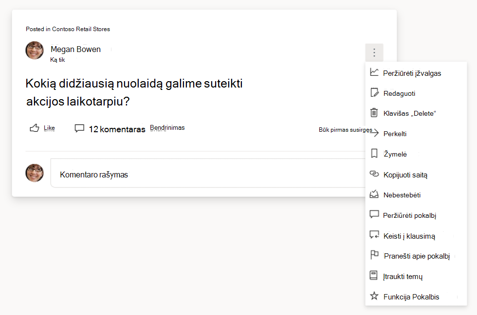 Ekrano kopija, kurioje rodomos klausimų ir pokalbių parinktys