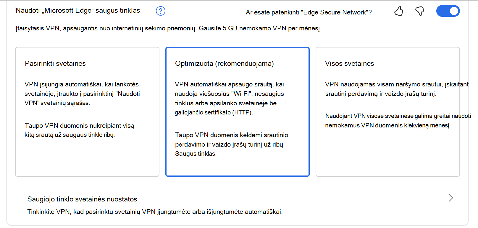Ekrano nuotrauka, kurioje matyti parinktys MicrosoftEdgeSecureNetwrok