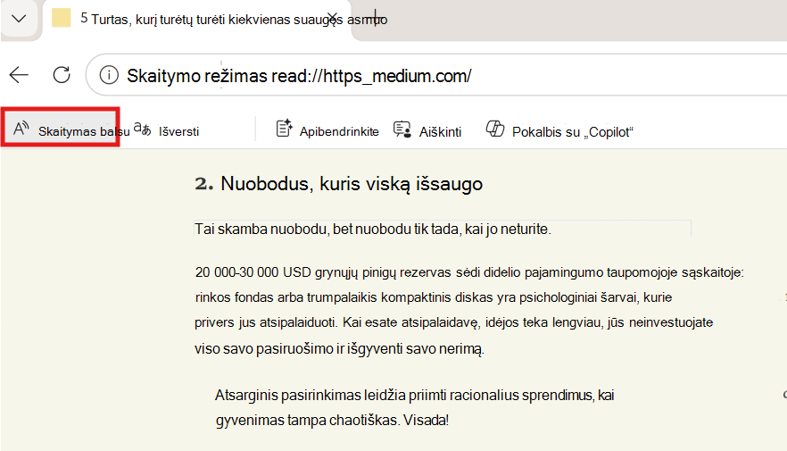 Skaitymo garsiai ekrano kopija.