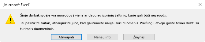 Neveikiančios nuorodos dialogo langas programoje 