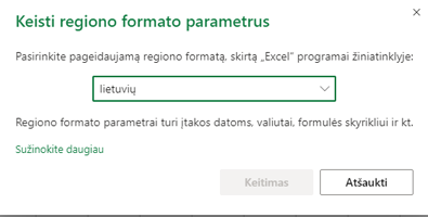 Dialogo langas Regiono formato parametrų keitimas