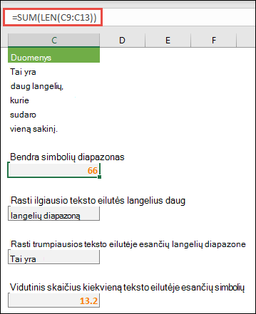 Bendro simbolių skaičiaus skaičiavimas diapazone ir kituose masyvuose dirbant su teksto eilutėmis