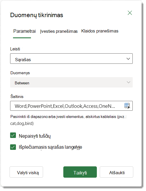 Duomenų tikrinimo parametrai