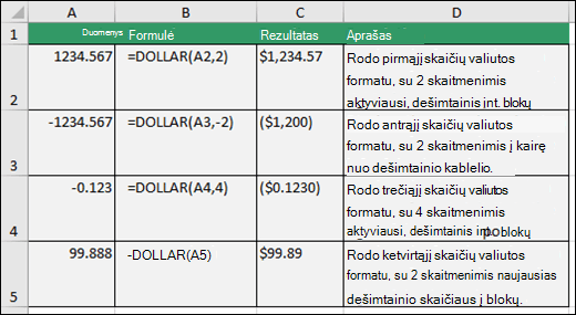 Funkcijos DOLLAR pavyzdžiai