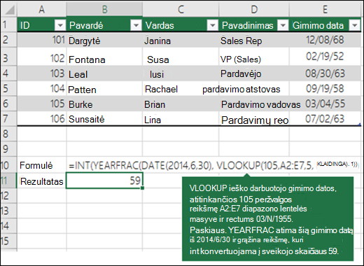 =INT(YEARFRAC(DATE(2014,6,30),VLOOKUP(105,A2:E7,5,FLASE),1)) VLOOKUP ieško darbuotojo gimimo datos, atitinkančios 109 (lookup_value) A2:E7 diapazone (table_array), ir pateikia 03/04/1955. Tada funkcija YEARFRAC atims šią gimimo datą iš 2014/6/30 ir grąžins reikšmę, kurią INY konvertuoja į sveikąjį skaičių 59.