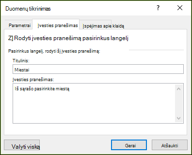 Duomenų tikrinimo įvesties pranešimo parinktis