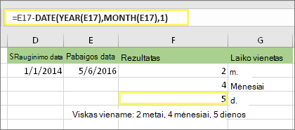 =DATEDIF(D17,E17,md) ir rezultatas: 5