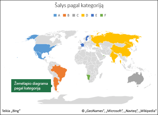 „Excel“ žemėlapio diagrama pagal kategoriją