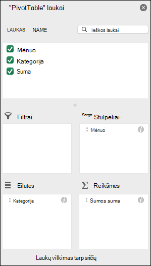„Excel“ „PivotTable“ laukų sąrašo dialogo lango pavyzdys