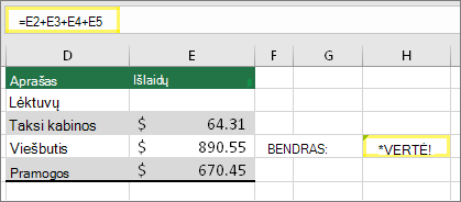 Langelis H4 su formule =E2+E3+E4+E5 ir rezultatu #VALUE!