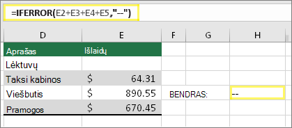 Langelis H4 su =IFERROR(E2+E3+E4+E5,--)