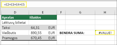 Langelis H4 su =E2+E3+E4+E5 ir rezultatu #VALUE!