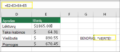 H4 su =E2+E3+E4+E5 ir rezultatu #VALUE!