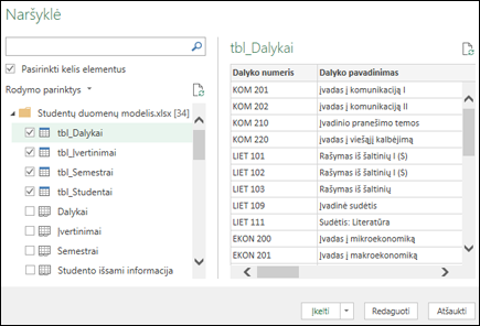 Gauti & transformavimo („Power Query“) naršyklę