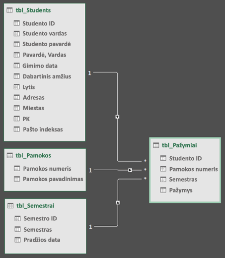 „Power Query“ duomenų modelio ryšių diagramos rodinys