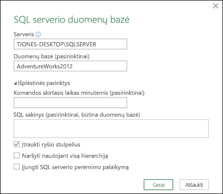 „Power Query“ „SQL Server“ Duomenų bazės ryšio dialogo langas