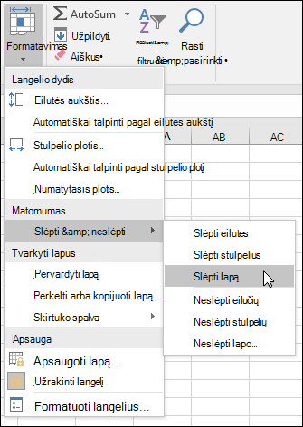 Slėpti arba rodyti darbalapius pagrindiniame ekrane. > Langeliai > Format > VIsibility > Slėpti & neslėpti