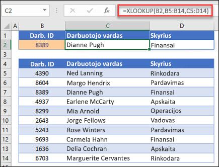 Funkcijos XLOOKUP, naudojamos grąžinti darbuotojo vardą ir skyrių pagal darbuotojo IDt, pavyzdys. Formulė yra: =XLOOKUP(B2,B5:B14,C5:D14,0,1)