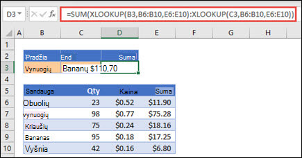 XLOOKUP naudojimas su SUM norint sumuoti tarp dviejų pasirinkimų esančių reikšmių diapazoną