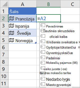 A2 langelyje yra Prancūzija; B2 langelyje yra =A2. ir rodomas formulės automatinio baigimo meniu su laukais iš susieto įrašo