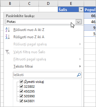 Meniu Filtras, meniu Rodyti reikšmę, laukų iš susietų duomenų tipo sąrašas