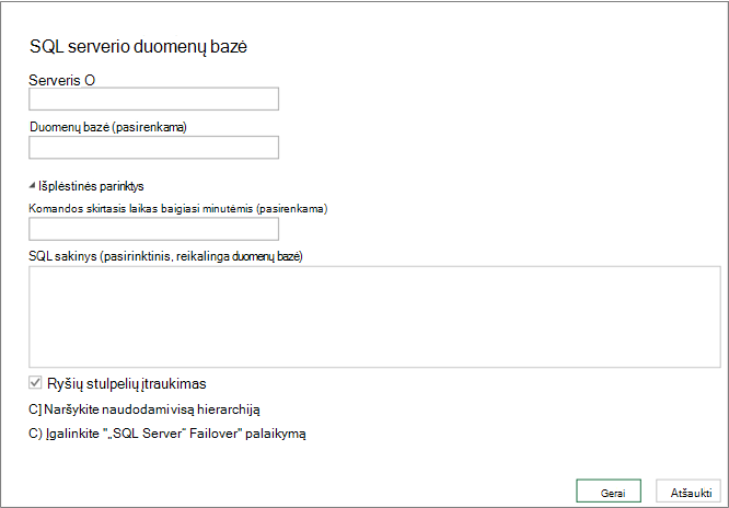Dialogo langas „SQL Server“ duomenų bazė