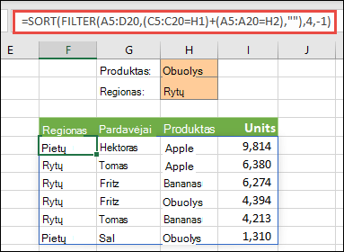 Funkcijos FILTER ir SORT naudojimas artu – filtruoti pagal produktą (obuolys) arba pagal regioną (Rytai)