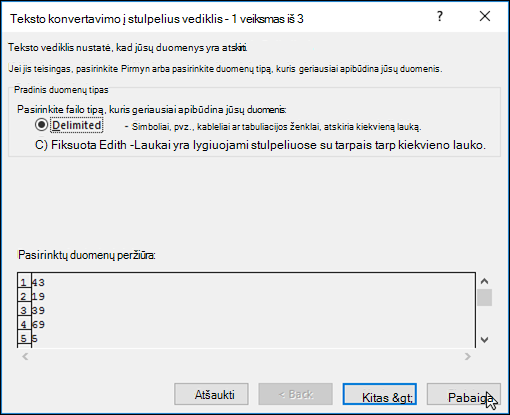 Dialogo > lango Duomenų tekstas į stulpelius vaizdas
