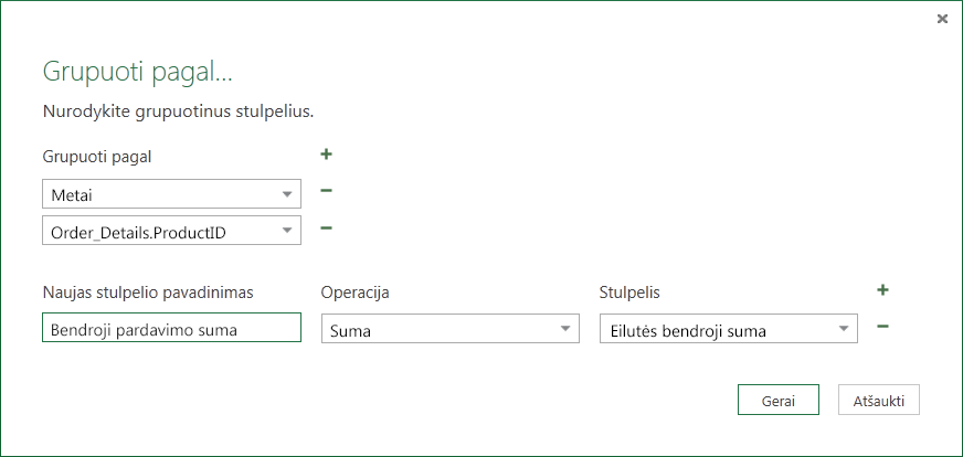 Agregavimo operacijų dialogo langas Grupuoti pagal