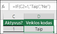 Langelyje D2 yra formulė =IF(C2=1,YES,NO)