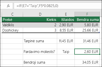 Formulė, esanti langelyje F7, yra IF(E7=Yes,F5*0.0825,0)