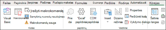 Ekrano nuotrauka, kurioje rodoma skirtuko Programų kūrėjas grupė Kodas.