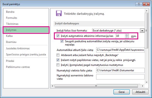Įrašymo parinktis „Excel“ parinktyse