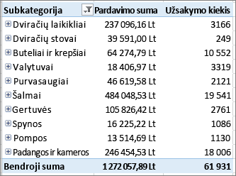 „PivotTable“, kurioje rodomi detalizuoti elementai