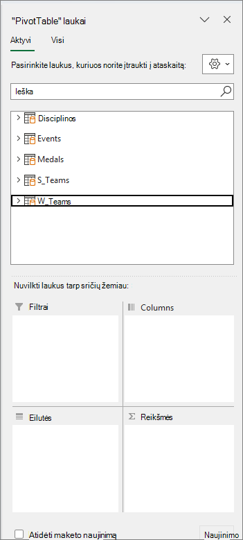 „PivotTable“ laukų sritys