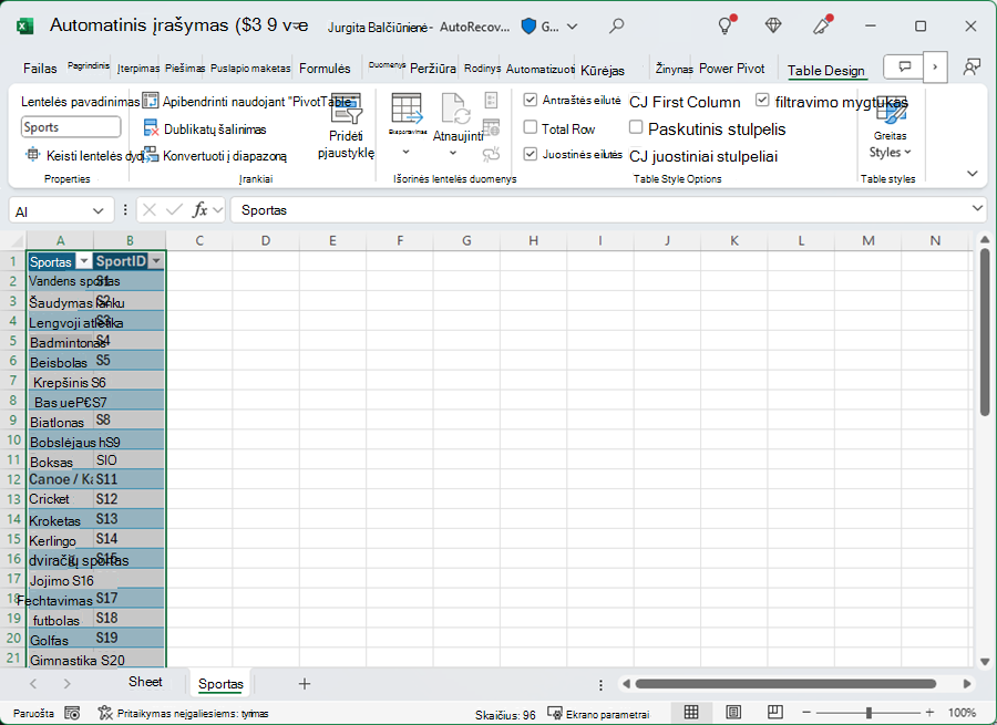 Lentelės pavadinimo kūrimas „Excel“