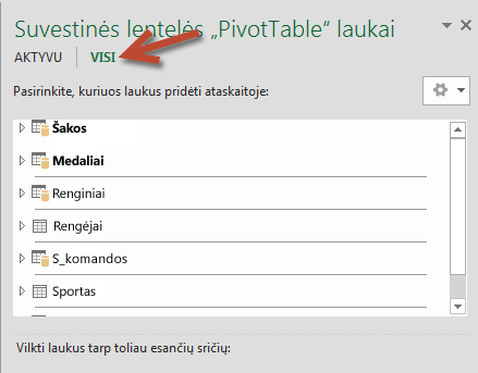 Lange „PivotTable“ laukai spustelėkite Visi, kad būtų rodomos visos turimos lentelės