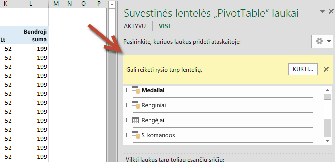 Raginimas KURTI... ryšį lentelės „PivotTable“ laukuose
