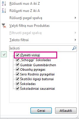 Žymės langelis Žymėti viską galerijoje Rikiavimas ir filtravimas